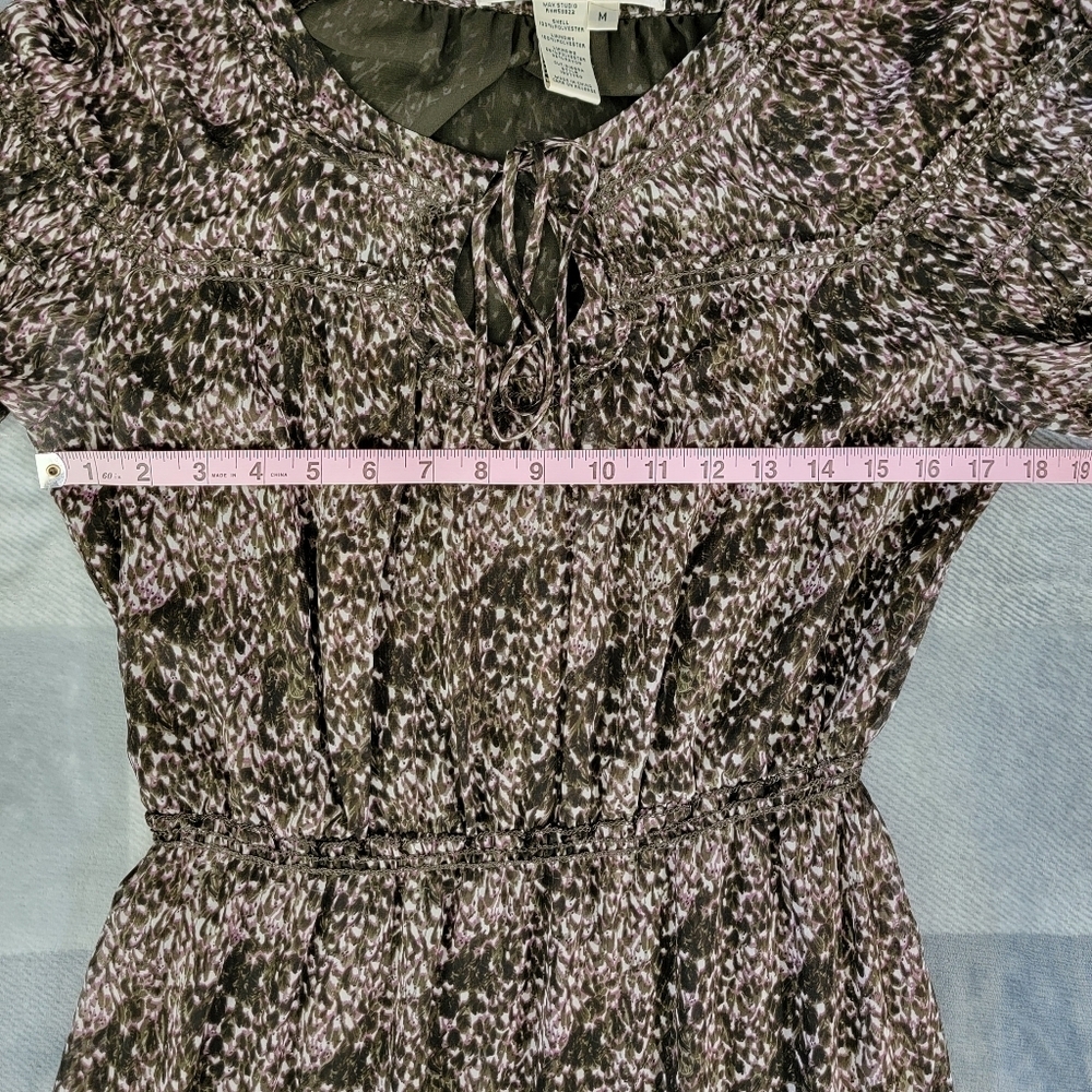 Max Studio Brown Purple Sheer Lined Chiffon Dress Balloon Sleeve Size Medium - Picture 10 of 11